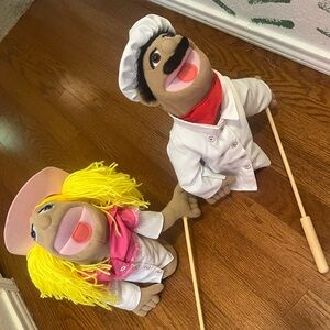 Melissa & Doug Chef Puppet Al Dente and Cowgirl Sally with Detachable Wooden Rod
